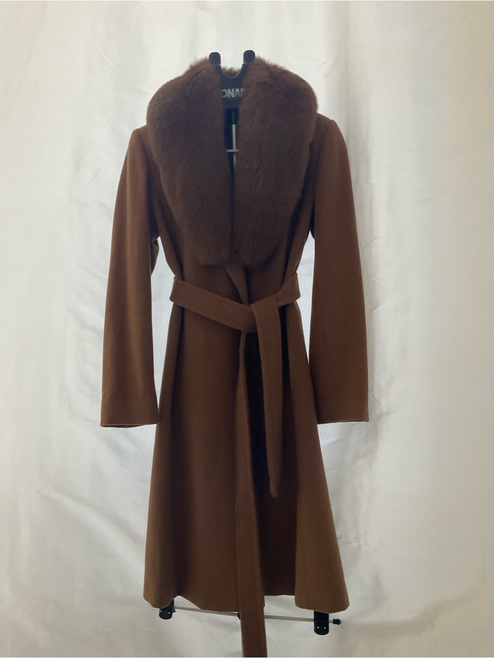 Ellen Tracy Brown Wool Belted Long Coat with Fur Collar